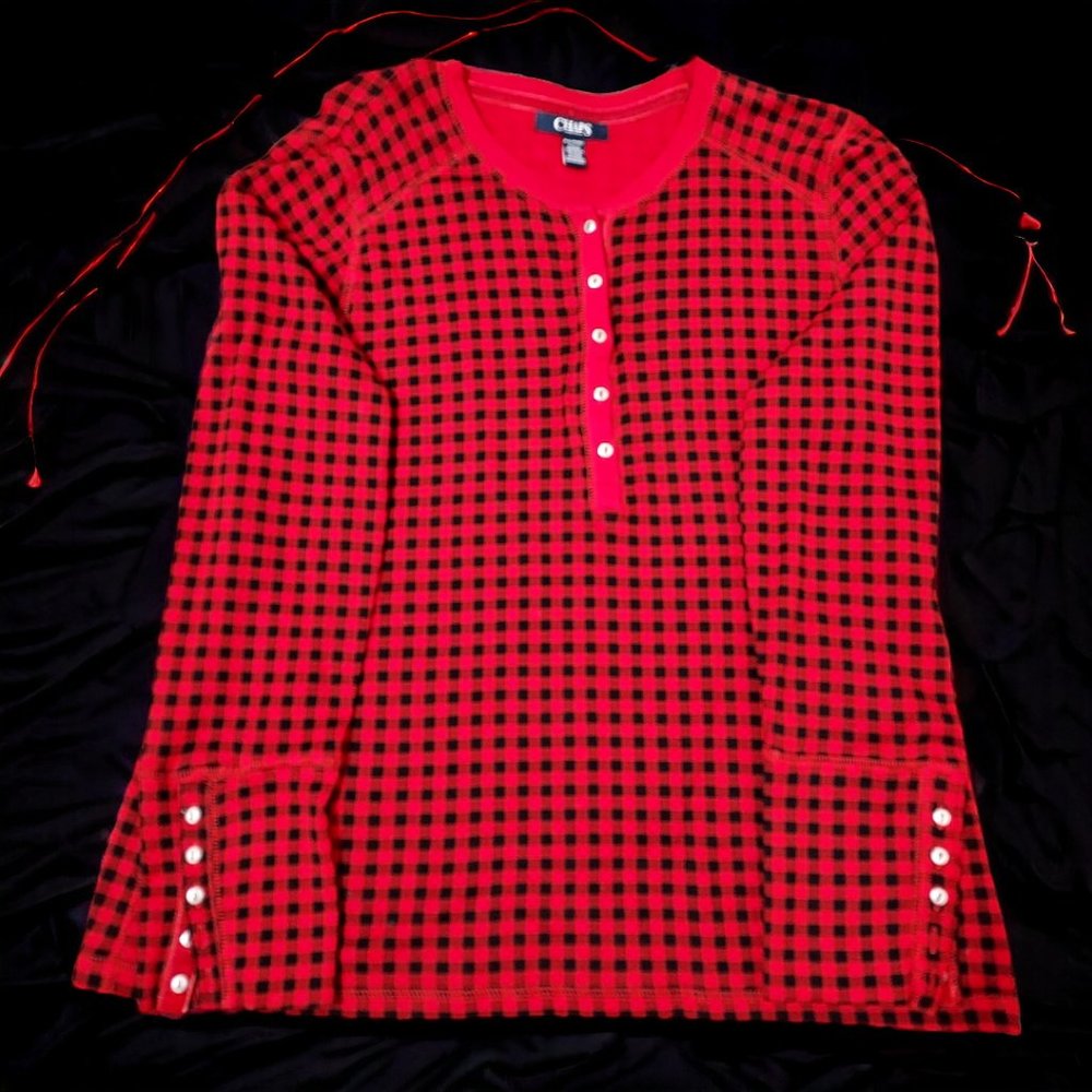 COPY - Chaps Petite XL Womens Red/Black Buffalo Plaid Long Sleeve Henley Top